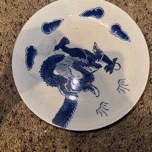 Antique 6-3/4" Chinese Blue and White Porcelain Bowl Plate With Dragon